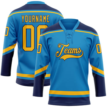 Custom Blue Gold-Navy Hockey Lace Neck Jersey