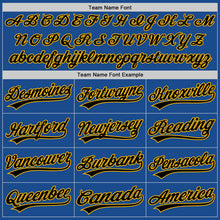 Load image into Gallery viewer, Custom Blue Gold-Black Authentic Throwback Baseball Jersey

