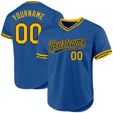 Load image into Gallery viewer, Custom Blue Gold-Black Authentic Throwback Baseball Jersey
