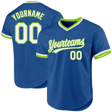 Load image into Gallery viewer, Custom Blue White-Neon Green Authentic Throwback Baseball Jersey
