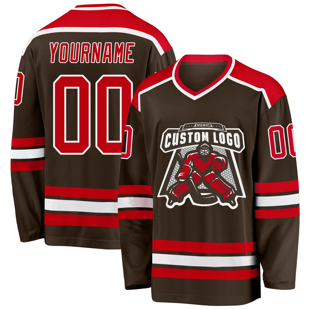 Custom Brown Red-White Hockey Jersey