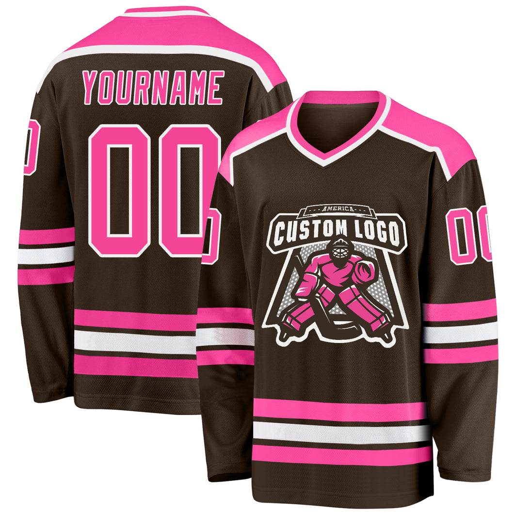 Custom Brown Pink-White Hockey Jersey