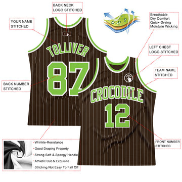 Custom Brown White Pinstripe Neon Green Authentic Basketball Jersey