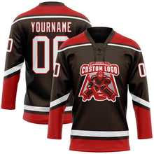Load image into Gallery viewer, Custom Brown White-Red Hockey Lace Neck Jersey
