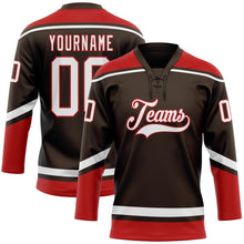 Load image into Gallery viewer, Custom Brown White-Red Hockey Lace Neck Jersey
