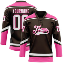 Load image into Gallery viewer, Custom Brown White-Pink Hockey Lace Neck Jersey
