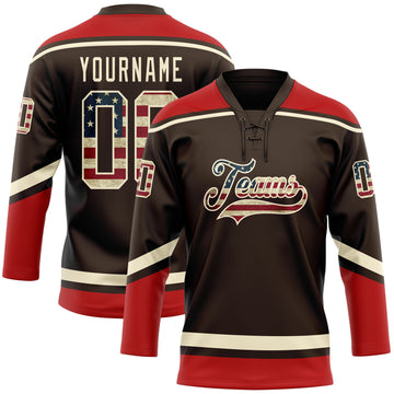 Custom Brown Vintage USA Flag Cream-Red Hockey Lace Neck Jersey