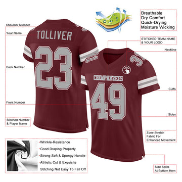 Custom Burgundy Gray-White Mesh Authentic Football Jersey