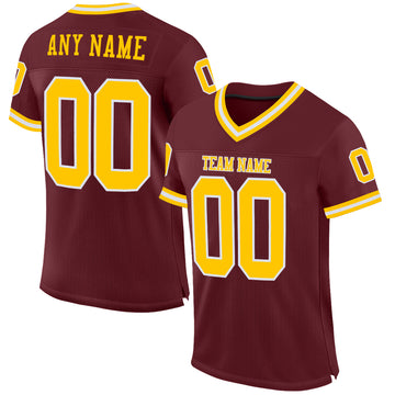 Custom Burgundy Gold-White Mesh Authentic Throwback Football Jersey