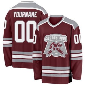 Custom Burgundy White-Gray Hockey Jersey