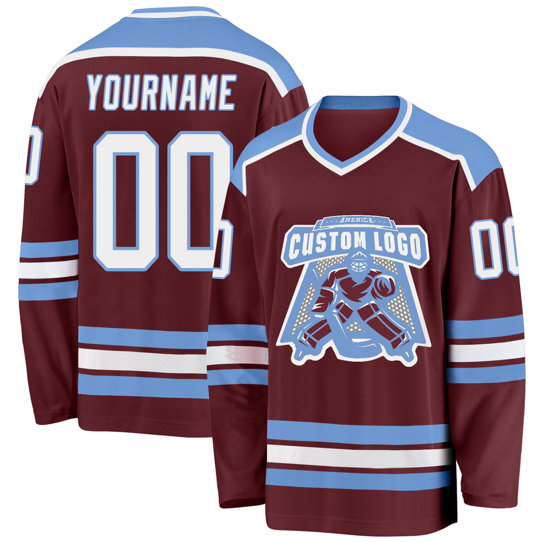 Custom Burgundy White-Light Blue Hockey Jersey