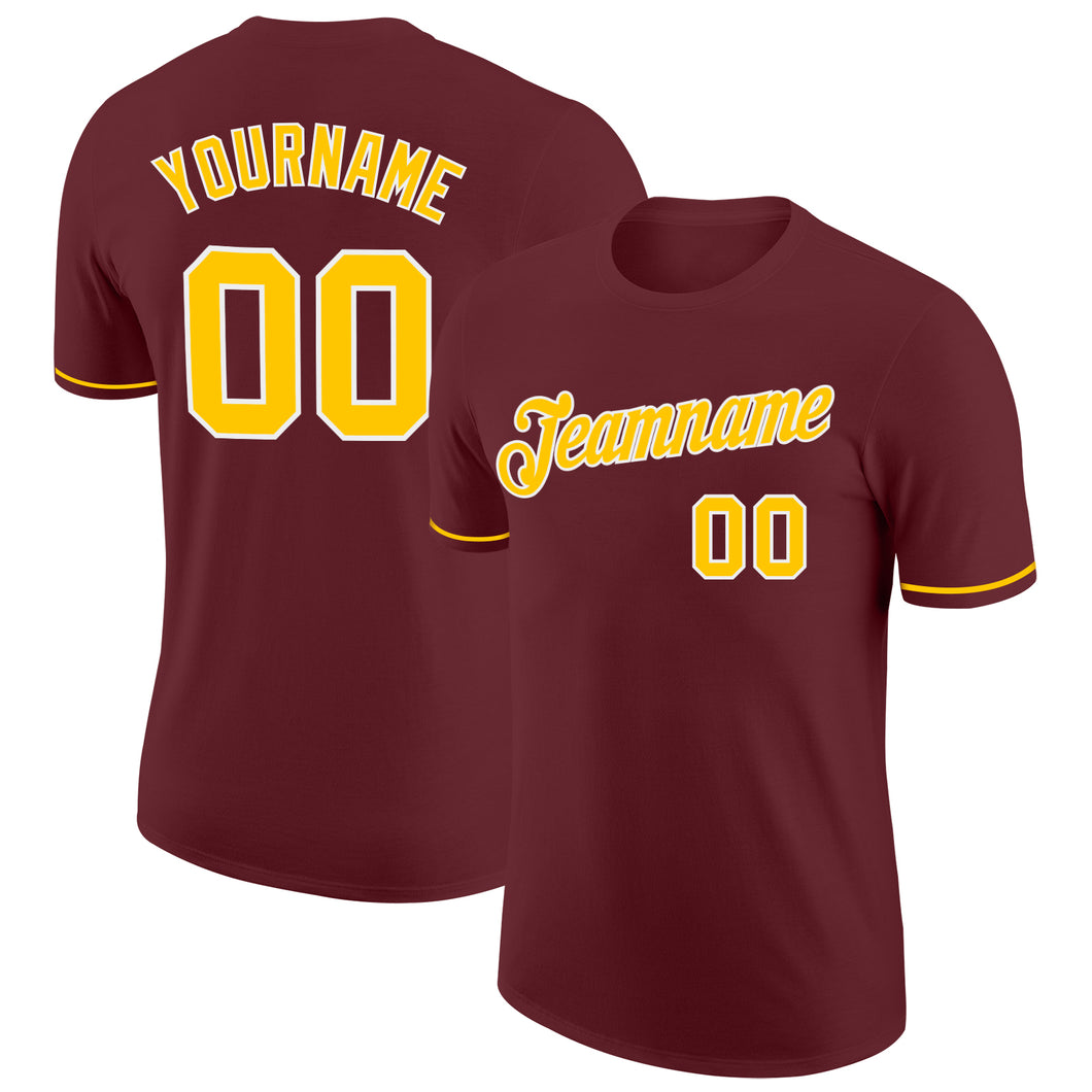 Custom Burgundy Gold-White Performance T-Shirt