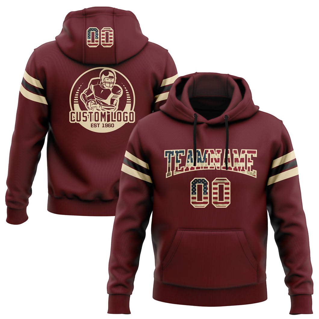 Custom Stitched Burgundy Vintage USA Flag City Cream-Black Football Pullover Sweatshirt Hoodie