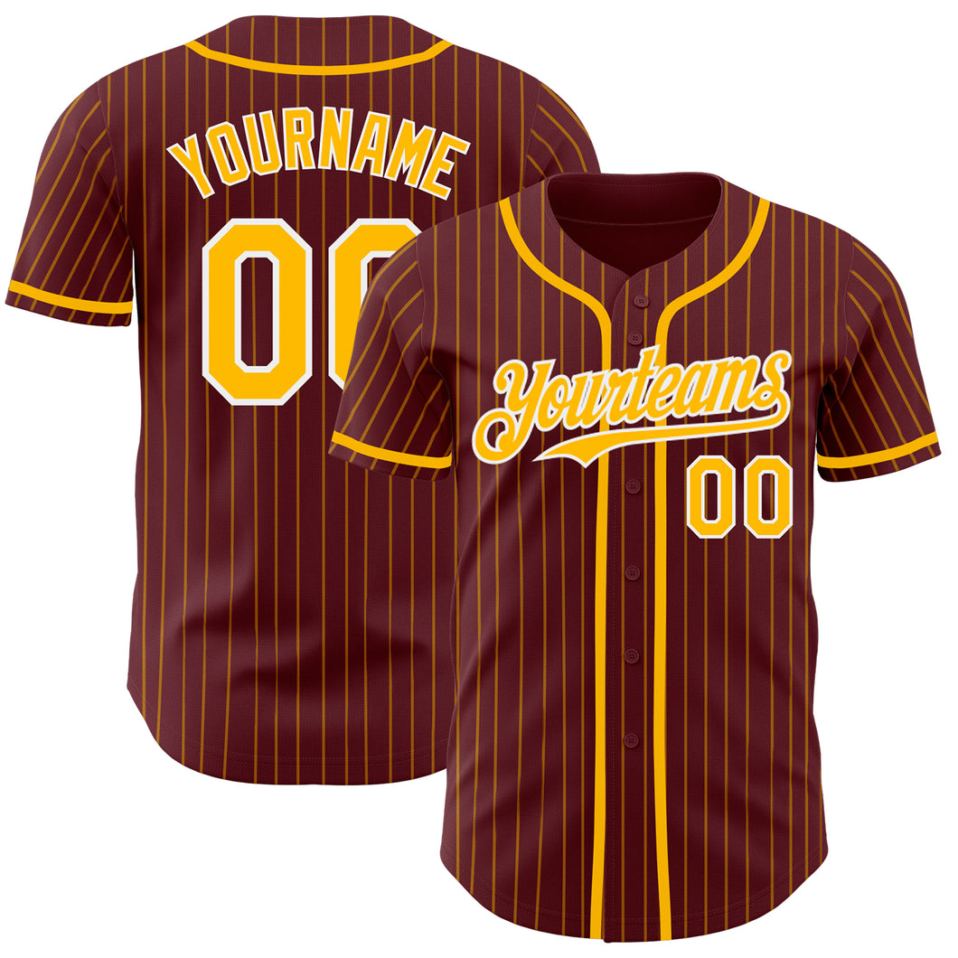 Custom Burgundy Gold Pinstripe White Authentic Baseball Jersey