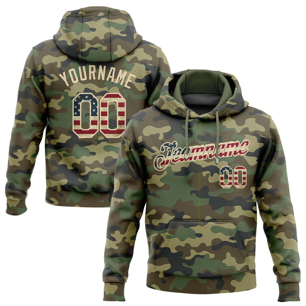 Custom Stitched Camo Vintage USA Flag-Cream Sports Pullover Sweatshirt Salute To Service Hoodie