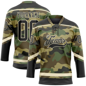 Custom Camo Black-Cream Salute To Service Hockey Lace Neck Jersey