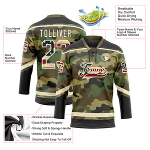 Custom Camo Vintage USA Flag Cream-Black Salute To Service Hockey Lace Neck Jersey