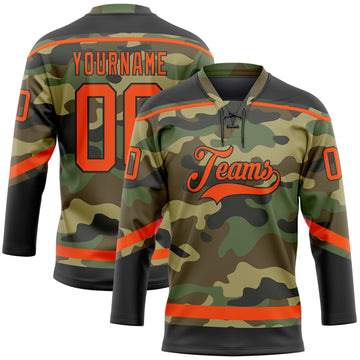 Custom Camo Orange-Black Salute To Service Hockey Lace Neck Jersey