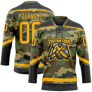 Custom Camo Gold-Black Salute To Service Hockey Lace Neck Jersey