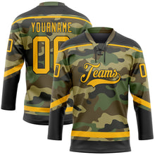 Load image into Gallery viewer, Custom Camo Gold-Black Salute To Service Hockey Lace Neck Jersey
