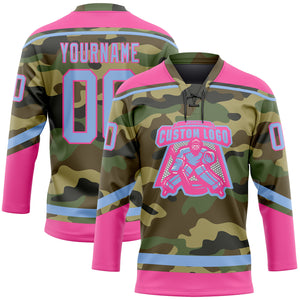 Custom Camo Light Blue-Pink Salute To Service Hockey Lace Neck Jersey