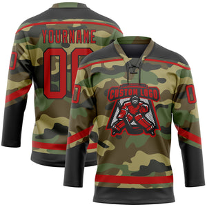 Custom Camo Red-Black Salute To Service Hockey Lace Neck Jersey