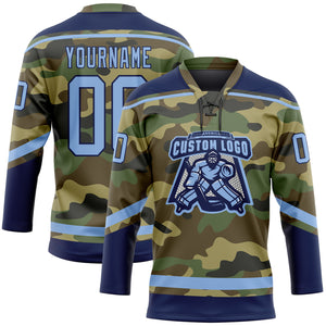 Custom Camo Light Blue-Navy Salute To Service Hockey Lace Neck Jersey