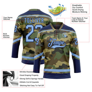 Custom Camo Light Blue-Navy Salute To Service Hockey Lace Neck Jersey