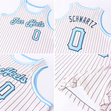 Load image into Gallery viewer, Custom Cream Navy Pinstripe Light Blue-Black Authentic Basketball Jersey
