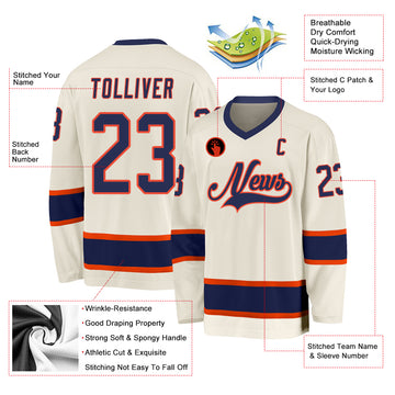 Custom Cream Navy-Orange Hockey Jersey