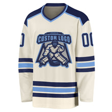 Load image into Gallery viewer, Custom Cream Navy-Light Blue Hockey Jersey
