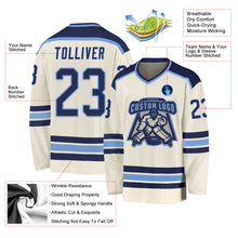 Load image into Gallery viewer, Custom Cream Navy-Light Blue Hockey Jersey
