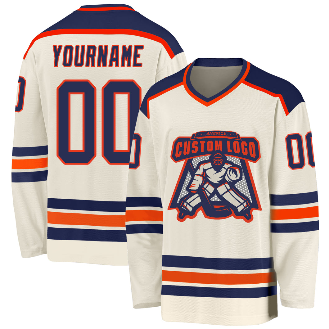 Custom Cream Navy-Orange Hockey Jersey