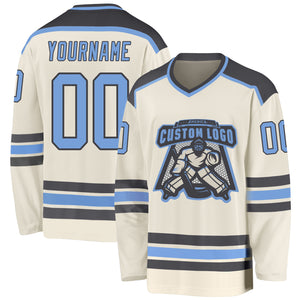 Custom Cream Light Blue-Steel Gray Hockey Jersey