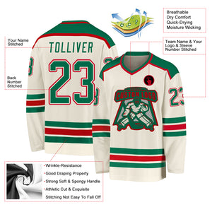 Custom Cream Kelly Green-Red Hockey Jersey