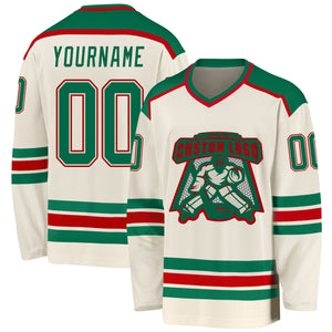 Custom Cream Kelly Green-Red Hockey Jersey