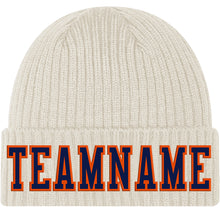 Load image into Gallery viewer, Custom Cream Navy-Orange Stitched Cuffed Knit Hat

