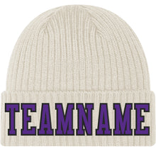 Load image into Gallery viewer, Custom Cream Purple-Black Stitched Cuffed Knit Hat
