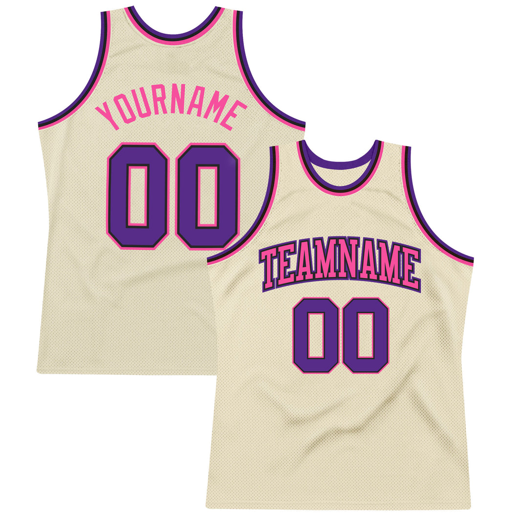 Custom Cream Purple Black-Pink Authentic Throwback Basketball Jersey