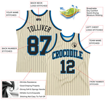 Custom Cream Black Pinstripe Black-Blue Authentic Basketball Jersey