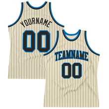 Load image into Gallery viewer, Custom Cream Black Pinstripe Black-Blue Authentic Basketball Jersey
