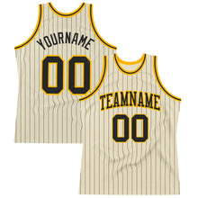 Load image into Gallery viewer, Custom Cream Black Pinstripe Black-Gold Authentic Basketball Jersey
