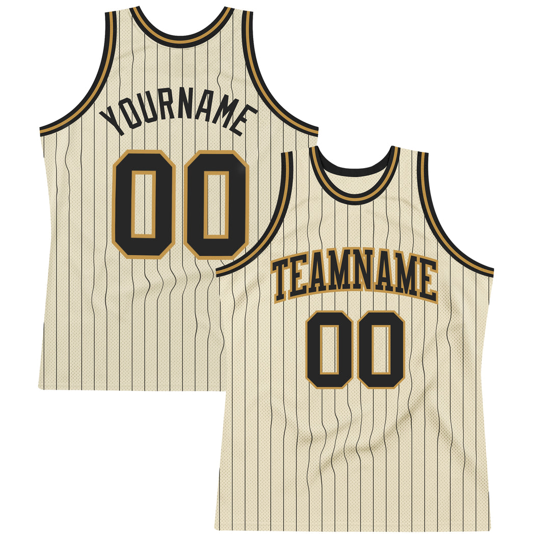 Custom Cream Black Pinstripe Black-Old Gold Authentic Basketball Jersey