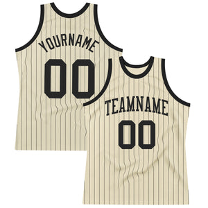 Custom Cream Black Pinstripe Black Authentic Basketball Jersey