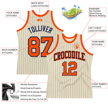 Custom Cream Navy Pinstripe Orange Authentic Basketball Jersey