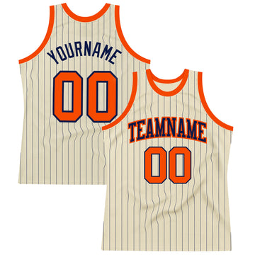 Custom Cream Navy Pinstripe Orange Authentic Basketball Jersey