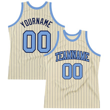 Load image into Gallery viewer, Custom Cream Navy Pinstripe Light Blue Authentic Basketball Jersey
