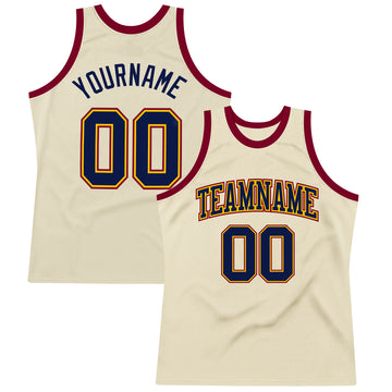 Custom Cream Navy Yellow-Maroon Authentic Throwback Basketball Jersey