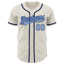 Load image into Gallery viewer, Custom Cream Light Blue Pinstripe Navy Authentic Baseball Jersey
