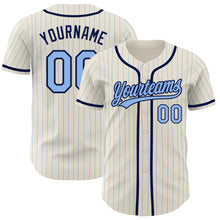 Load image into Gallery viewer, Custom Cream Light Blue Pinstripe Navy Authentic Baseball Jersey
